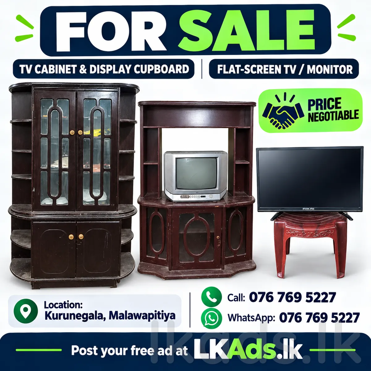 Display cupboard, TV cabinet with CRT television, and flat-screen TV